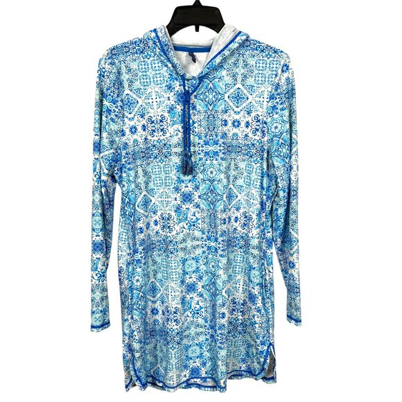 Aqua et Sol Tunic Swim Cover Up Medium Blue White Print Hooded Tassel UPF 50+ - Picture 1 of 9